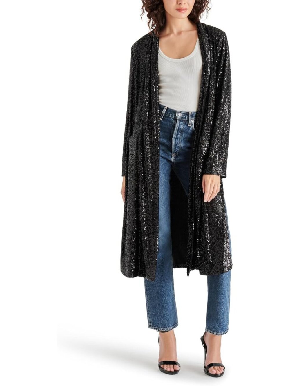 Steve Madden Women's Black Long Sleeve Round Collar SOLID Show Stopper Duster
